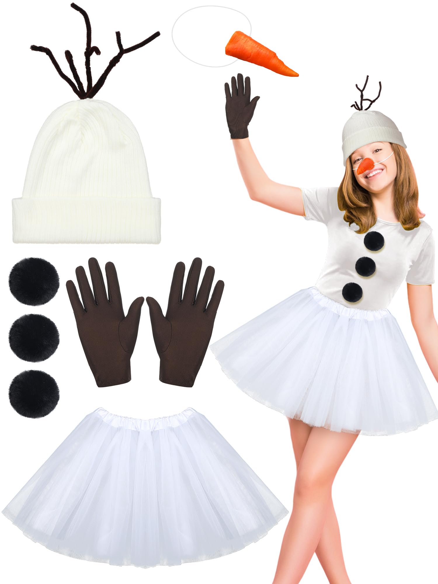 Photo 1 of Yearntown 7 Pcs Halloween Snowman Costumes for Women Adult Snowman Accessories Beanie Knit Hat 3 Black Faux Fur Pom Poms Carrot Nose Gloves Tutu Skirt for Halloween Cosplay Party