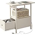 LIDYUK End Table with Charging Station, Narrow Side Table with Drawer and USB Ports & Power Outlets, Nightstand Bedside Tables for Small Spaces, Bedroom, Living Room, White