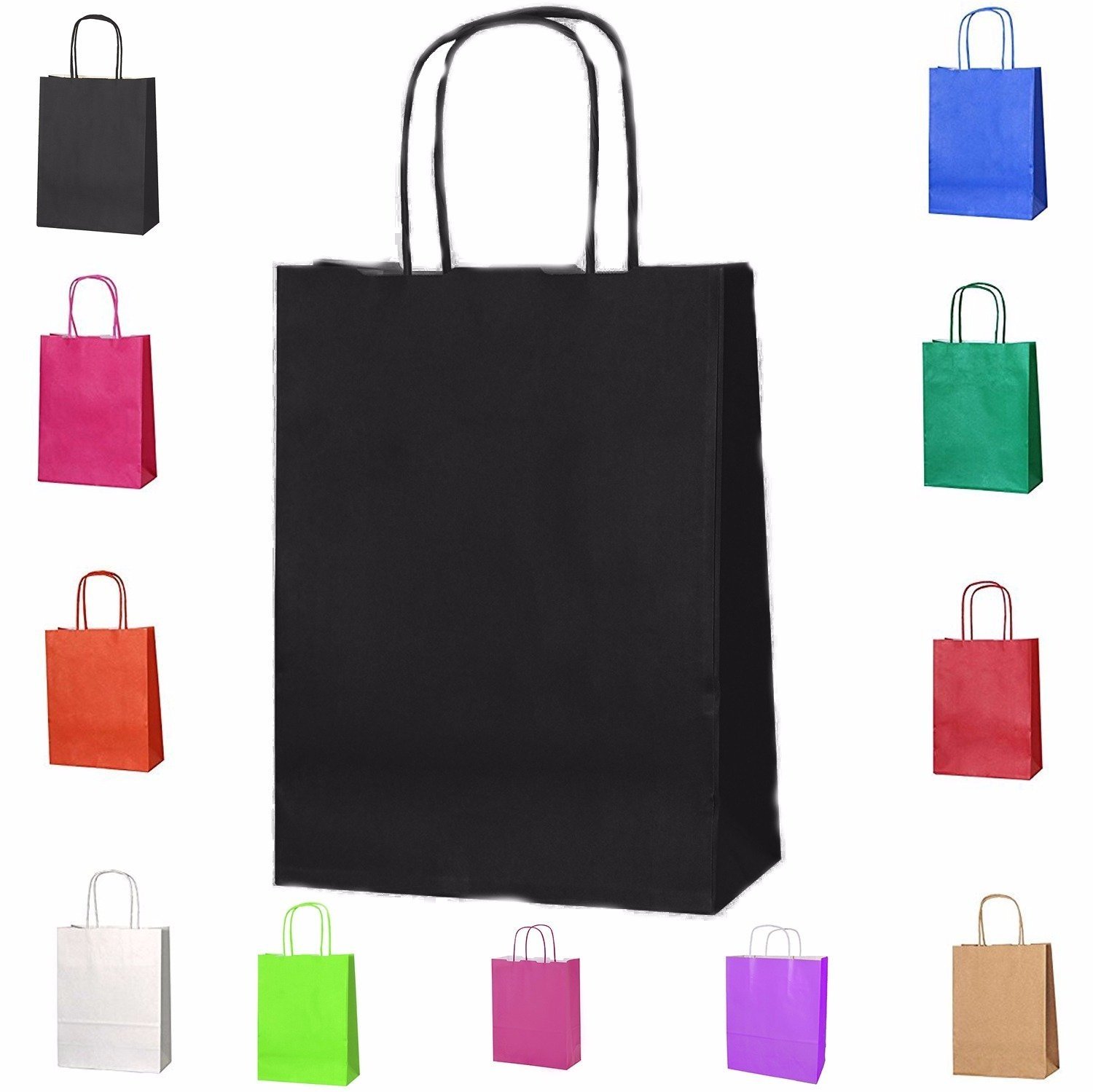 Kids Party Bags - 15Pcs Wrinkle Free Paper Party Bags with Twisted Handles - Black Party Bags, 100gsm Strong Recyclable Gift & Kraft Bags for Birthdays & Baby Showers 24×18×8cm