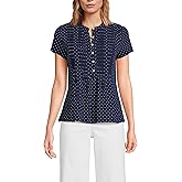 Lands' End Women's Short Sleeve Lightweight Jersey Button Pintuck Top