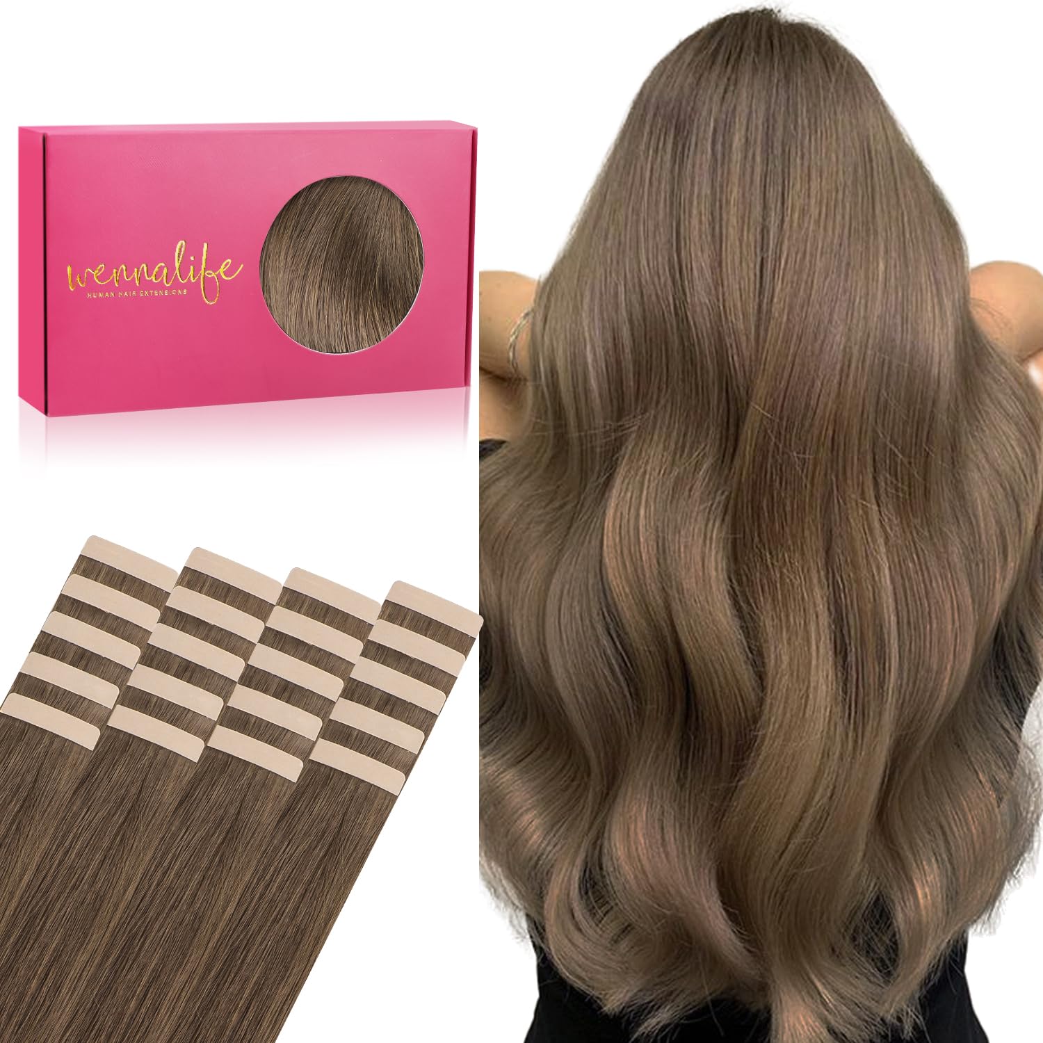 WENNALIFE Tape in Hair Extensions, 20pcs 18 Inch 50g Light Ash Brown Real Human Hair, Remy Straight Tape Extensions — image 1