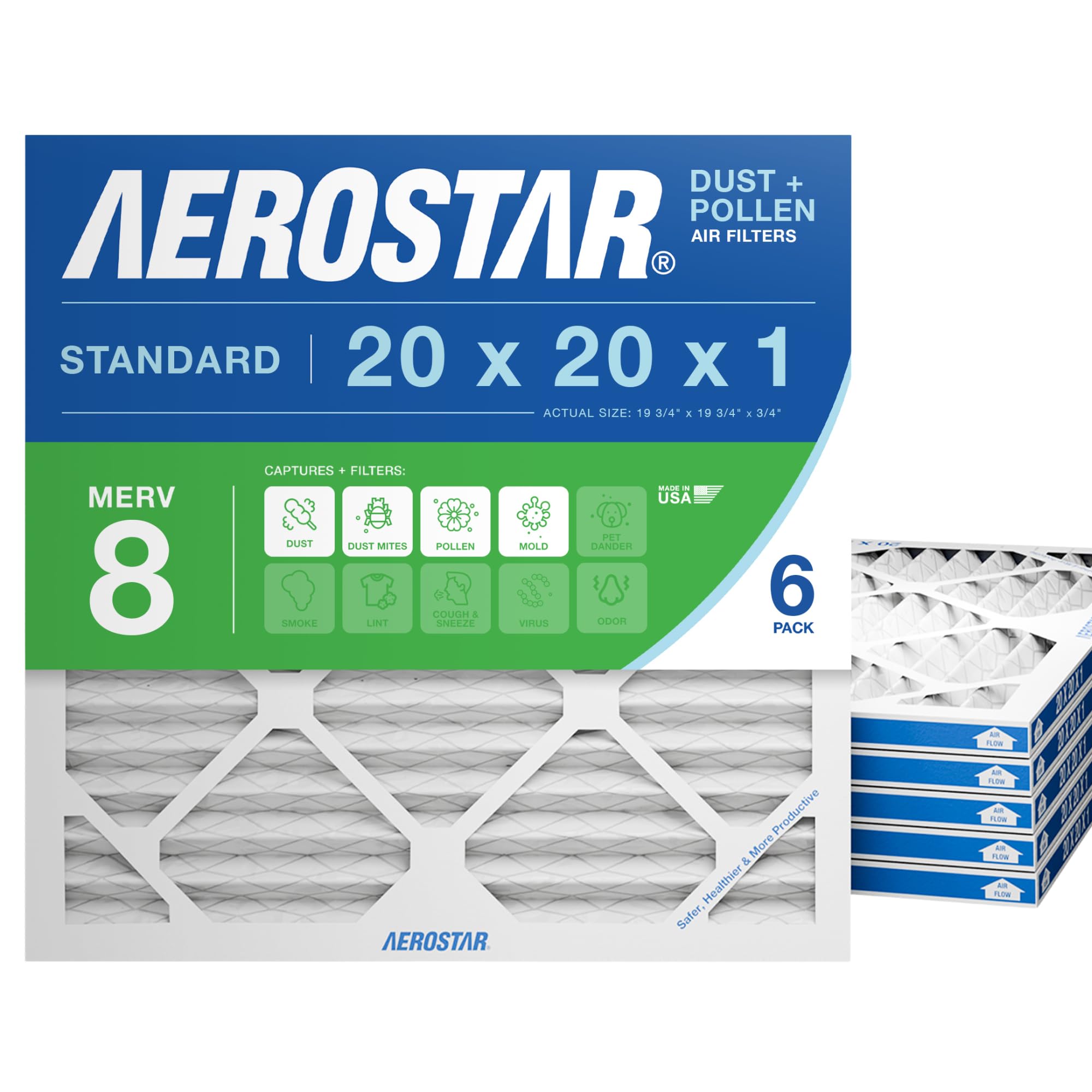 Aerostar Air Filter 20x20x1 MERV 8 AC Filter, HVAC, Furnace Filter, 6 Pack