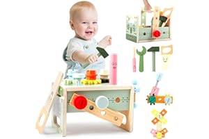 Asweets Kids Tool Set, Wooden Toddler Tool Bench with Box, Montessori STEM Educational Pretend Play Construction Toys, Birthday Gift for 3, 4, 5, and 6 Year Old Boys and Girls, 32 Pcs (Green)