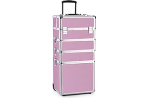 OUDMAY Makeup Train Case 4 in 1 Professional Cosmetics Rolling Organizer Aluminum Frame and Folding Trays Pink