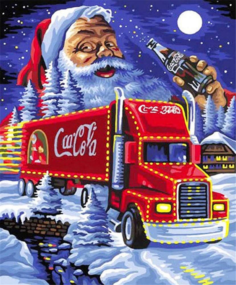 Gofission Diamond Painting Santa Claus with Coca Truck in Christmas Night by Numbers Kits, DIY 5D Diamond Art Cross Stitch Full Drill Crystal Rhinestones 12x16 inch (Snow)