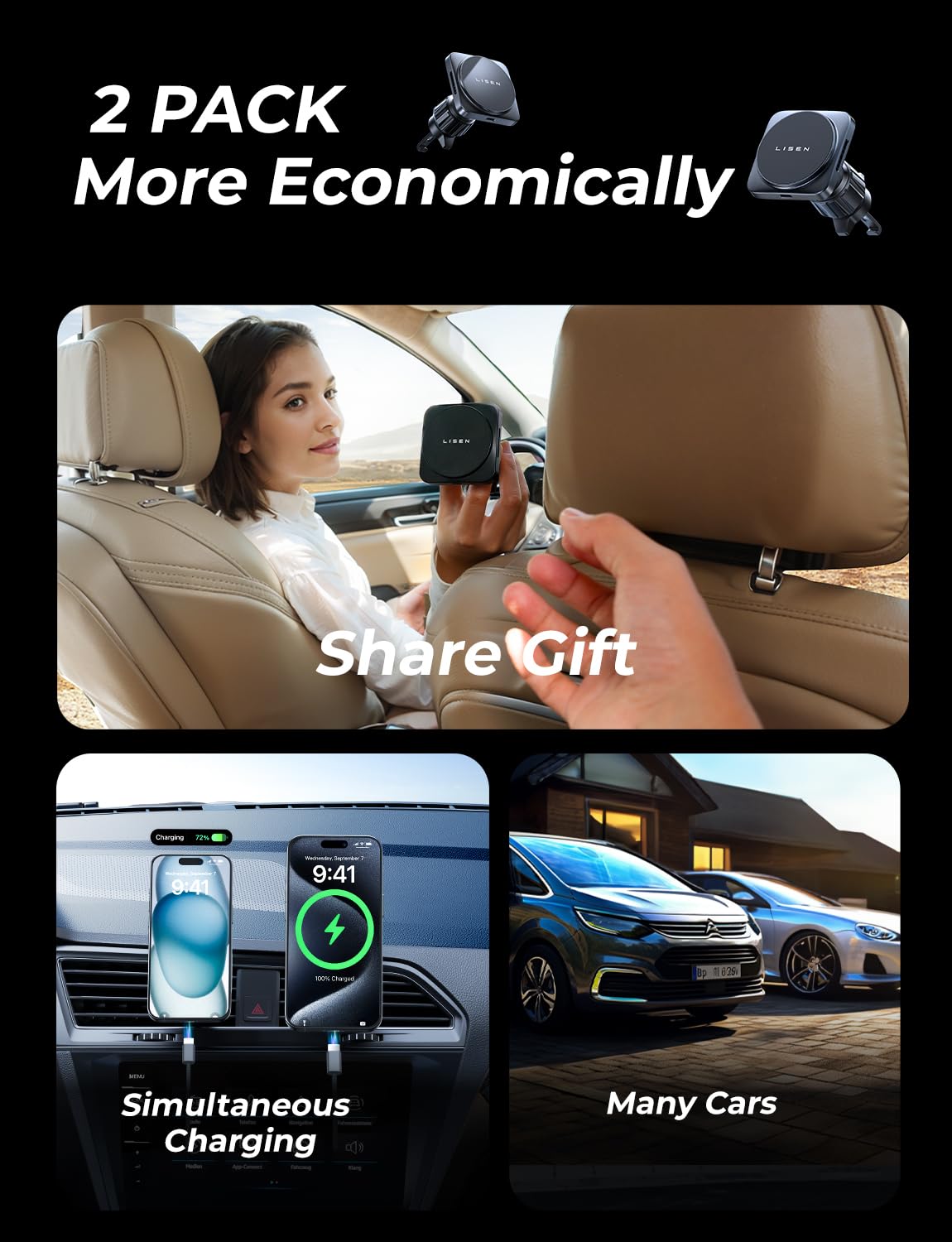 LISEN 2 Pack Fits Magsafe Car Mount Charger for iPhone 16 Car Mount, [Heat Dissipation] 15W Magnetic Wireless Car Charger, 2025 Mag Safe Car Charger Mount Vent Charger for iPhone 15 Pro Max 14 13 12