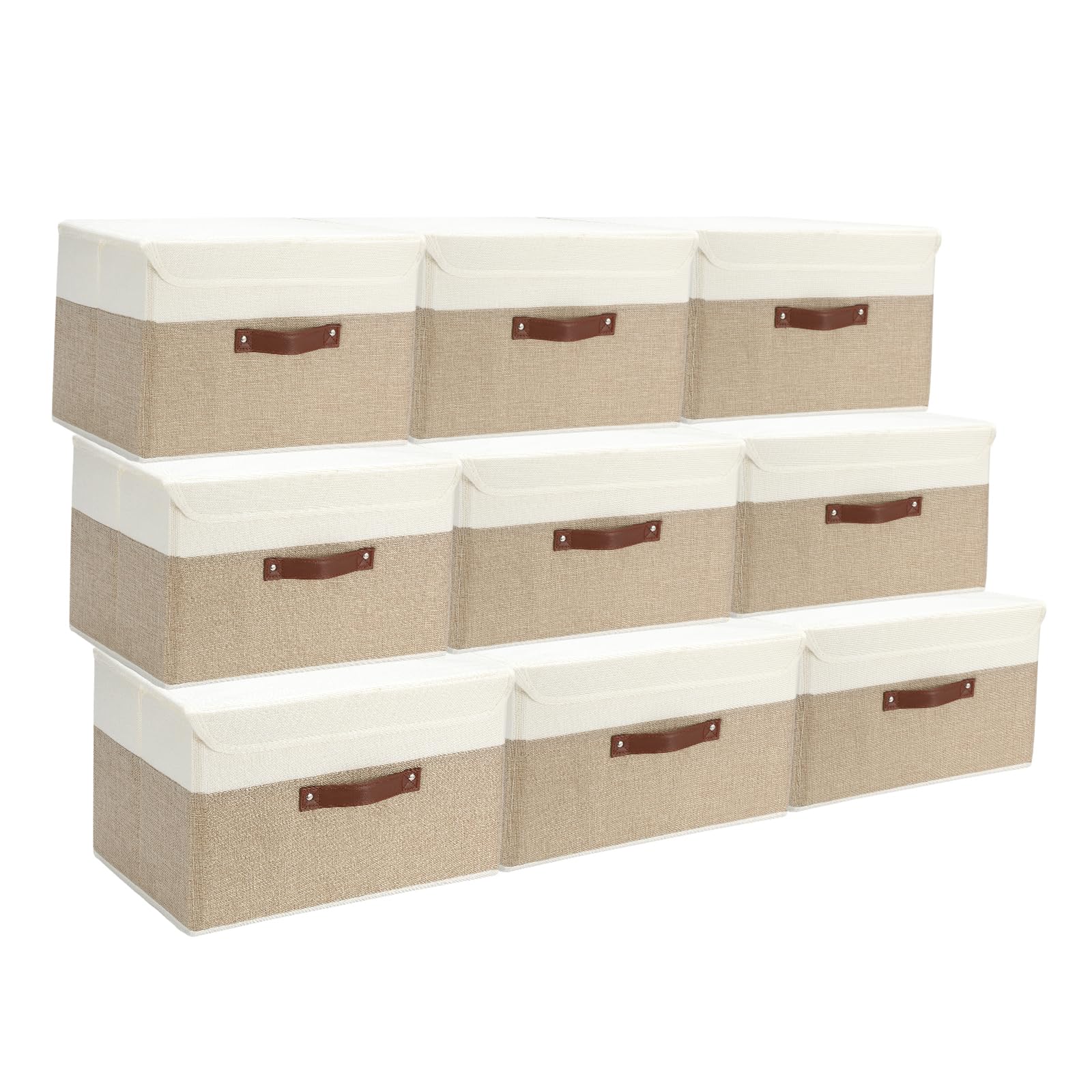 Photo 1 of 9 Pack Decorative Storage Bins Containers & Fabric Bins with Lids Storage Baskets for Shelves Drawers, Desktop, Closet, Playroom, Classroom, Office, Bedroom, Home, Garage (white/beige, 14.9X10X10)