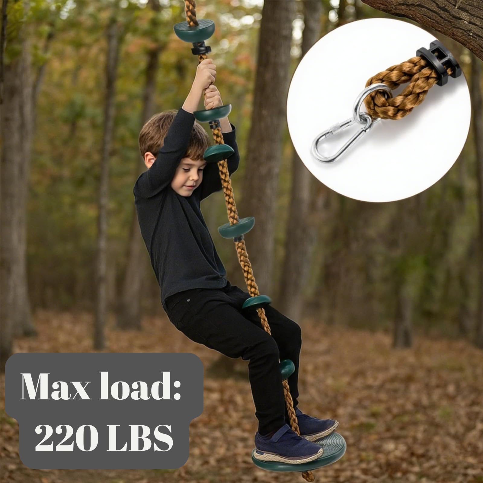 ZENFUN Climbing Rope with Platforms for Kids, Tree Swing with Climbing Rope&Platforms Disc, Secure Trees House Swing with Carabiner and Strap Kit, Gym Backyard, Playground Accessories, Max Load: 220lb