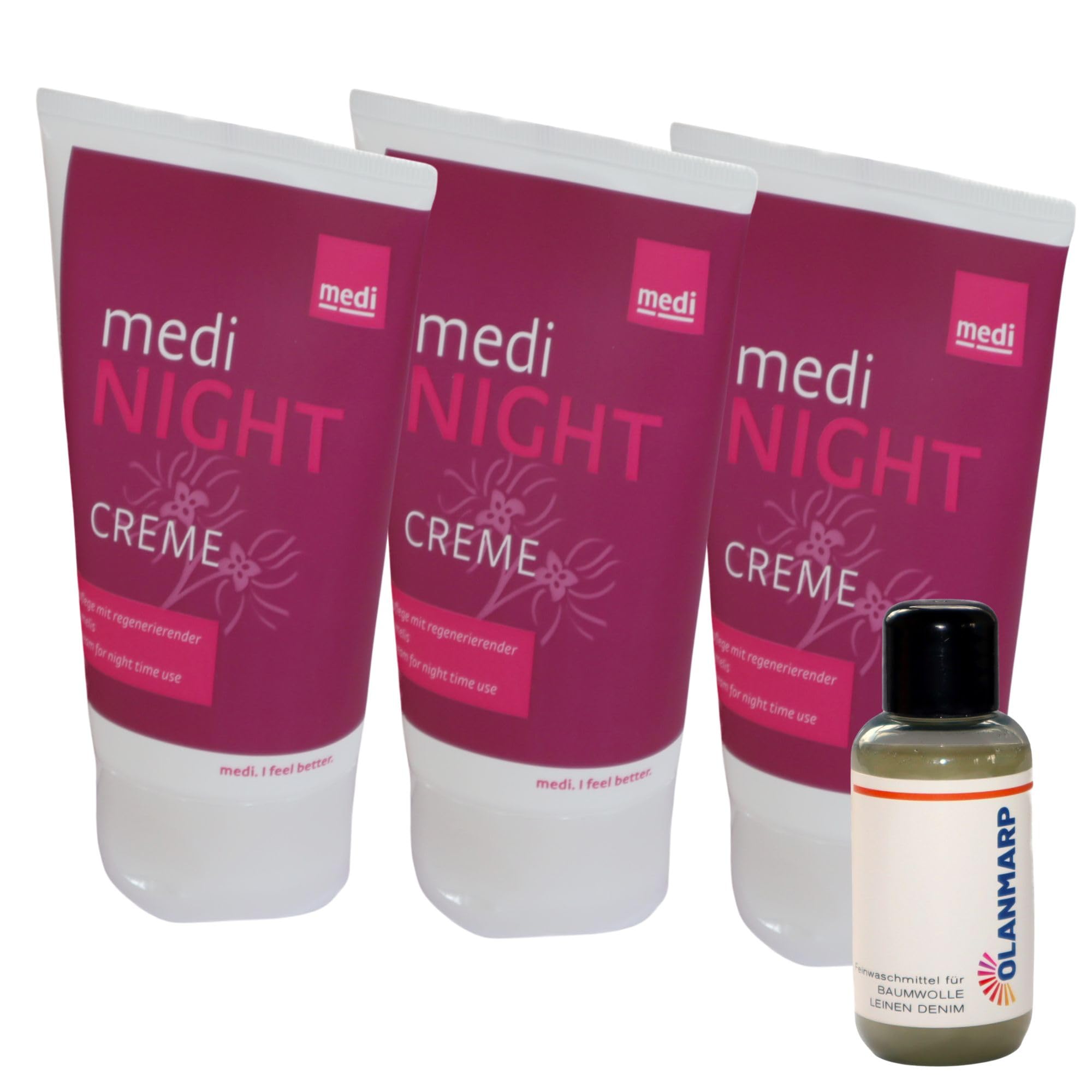 Olanmarp Medi Night 150 ml - care cream for restful legs after a day in compression stockings + delicate detergent concentrate for cotton 50 ml (3 pieces Medi Night each 150 ml (450ml))