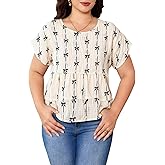 winkbay Women's Plus Size Bow Print Tiered Ruffle Blouse Summer Dressy Casual Short Sleeve Cute Tops