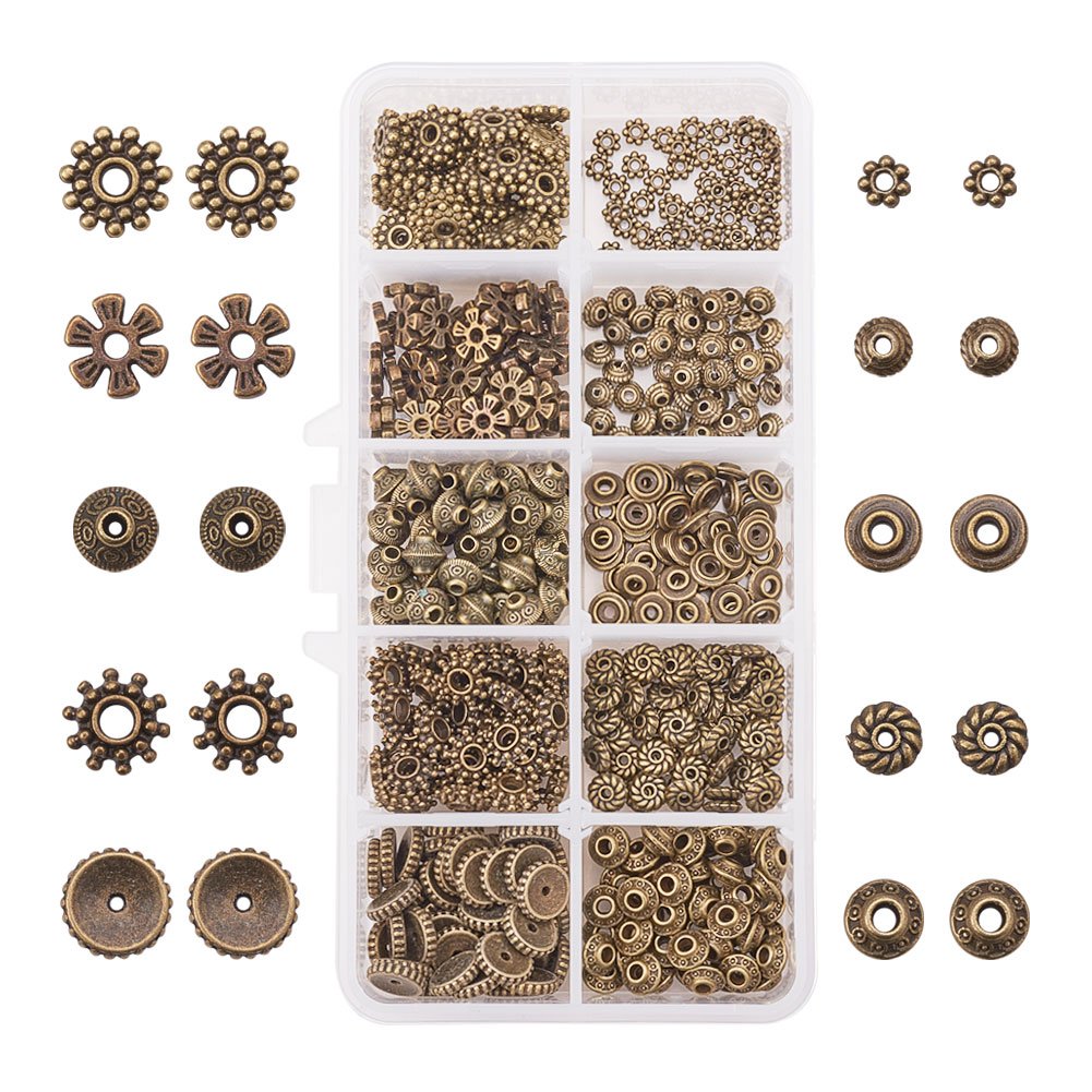 PH PandaHall 500pcs Metal Spacer Beads 12 Style Tibetan Gear Bicone Flower Beads Alloy Loose Beads for Bracelet Necklace Earrings Jewellery Making Antique Bronze Hole: 1~3mm