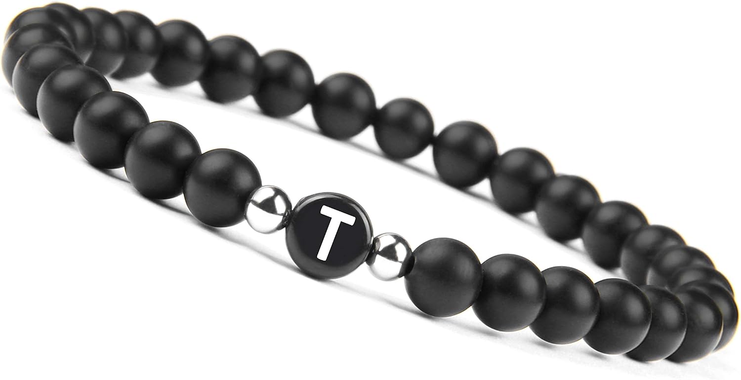 Bracelet with letters T for couples I partner bracelet with real 6mm natural stone beads I couple gift for women and men