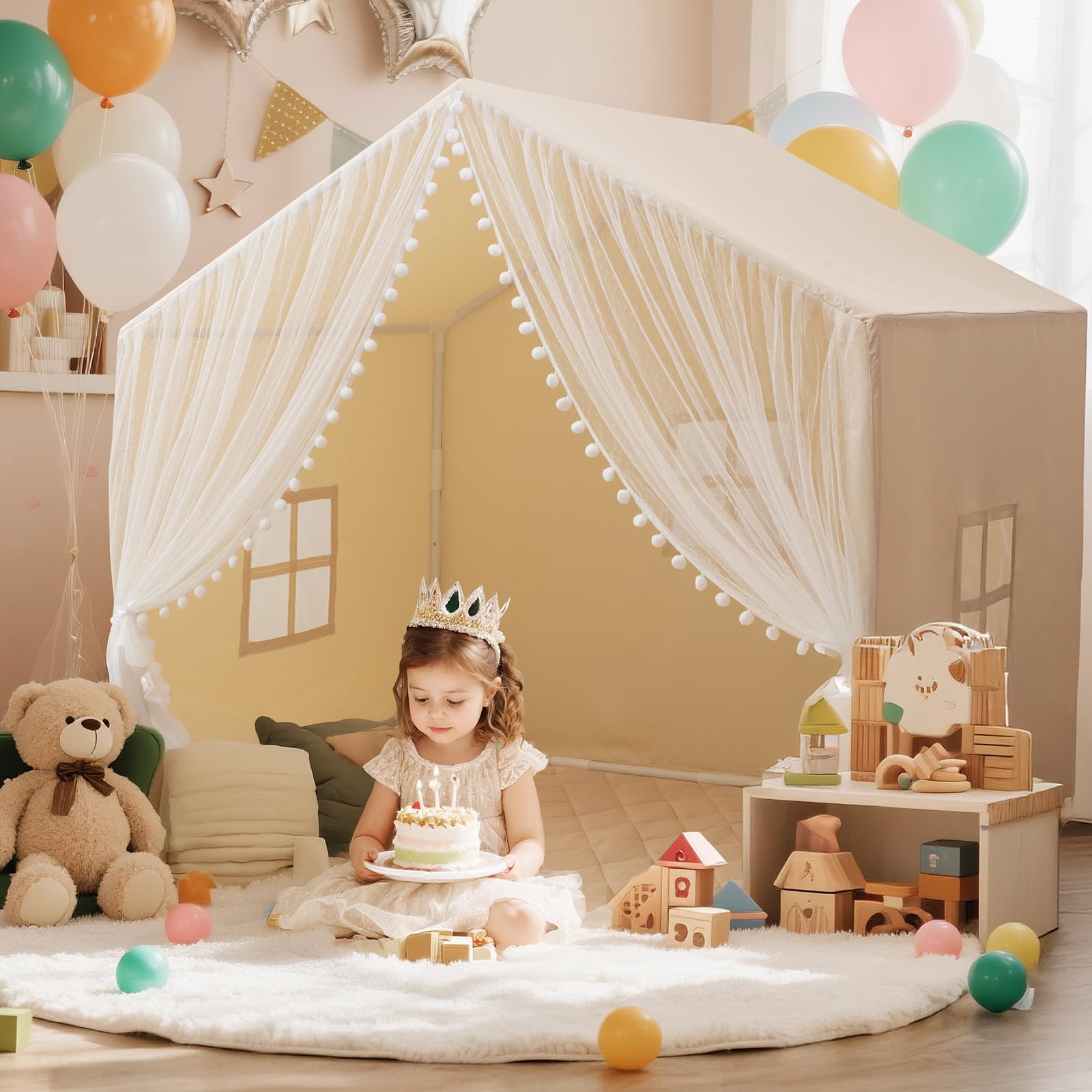 Photo 1 of xiaowantong Large Kids Play Tent, 55.1in Length, Fits 3-4 Children,Indoor Playhouse for Kids, with Padded Mat and Lights, Bed Tent for Toddler, Birthday for Boys Girls