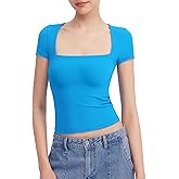 PUMIEY Women's Short Sleeve T Shirts Square Neck Going Out Tops Slim Fit Basic Tee Smoke Cloud Pro Collection
