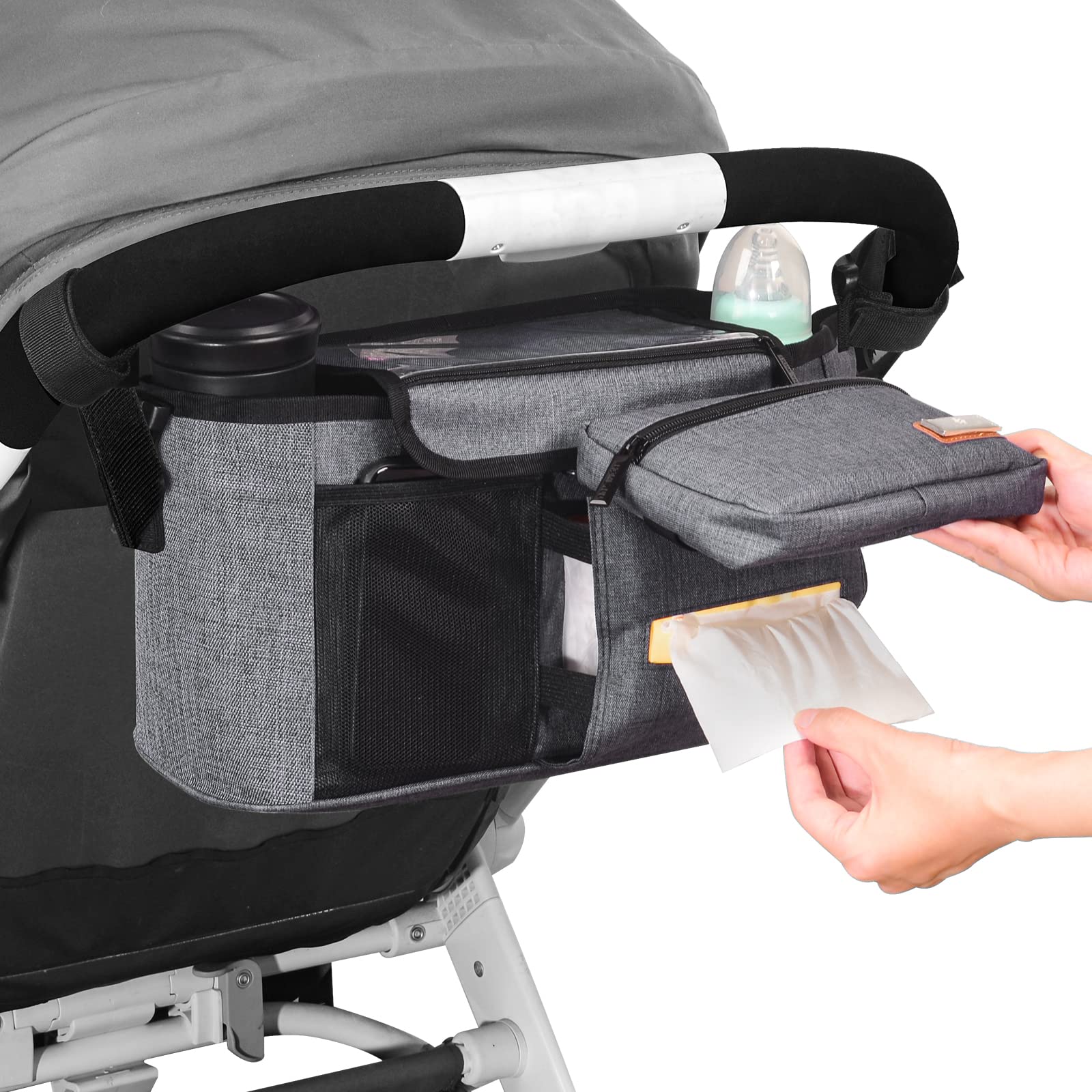 New Upgraded Buggy Organiser Pram Bag, Holds 2 Baby Cup Holders, Used as Carry-On Handbag-Universal Fit All Buggy Models