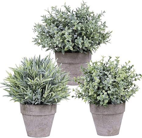 Amazon 人工ミニ鉢植え植物 3個セット フロック加工ユーカリ グレー グリーン 鉢植え 小さな観葉植物 屋内 キッチン ダイニングルーム オフィス 卓上 センターピース デコレーション 高さ8 7インチ 人工観葉植物 オンライン通販