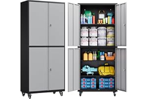 SISESOL Metal Storage Cabinet with Wheels,Rolling Garage Storage Cabinet with Lock,Gray Metal Cabinet with Shelves,Tool Cabinet,Tall Storage Cabinet on Wheels for Garage,Home,Office,Shop