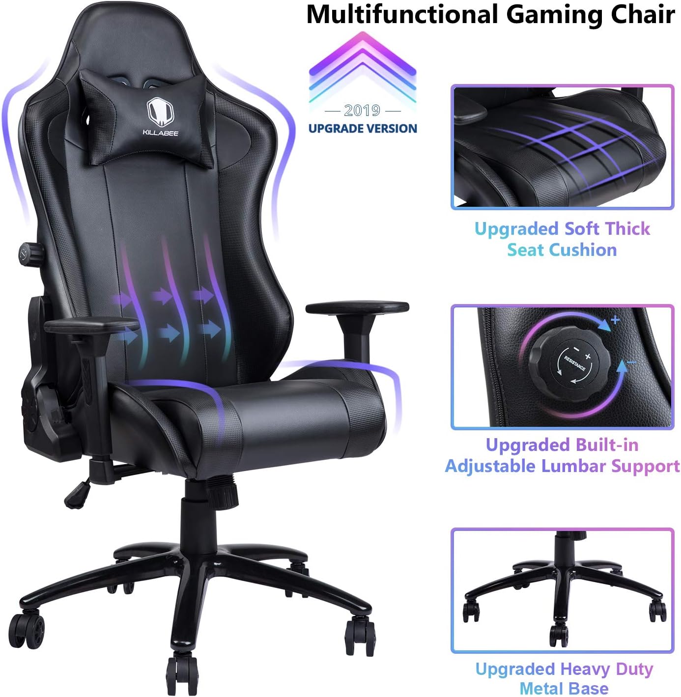 VON RACER Gaming Chair with Adjustable Built-in Lumbar Support - Big and Tall Ergonomic Racing Computer Chair High-Back Leather Office Desk Chair w/Metal Base, Black