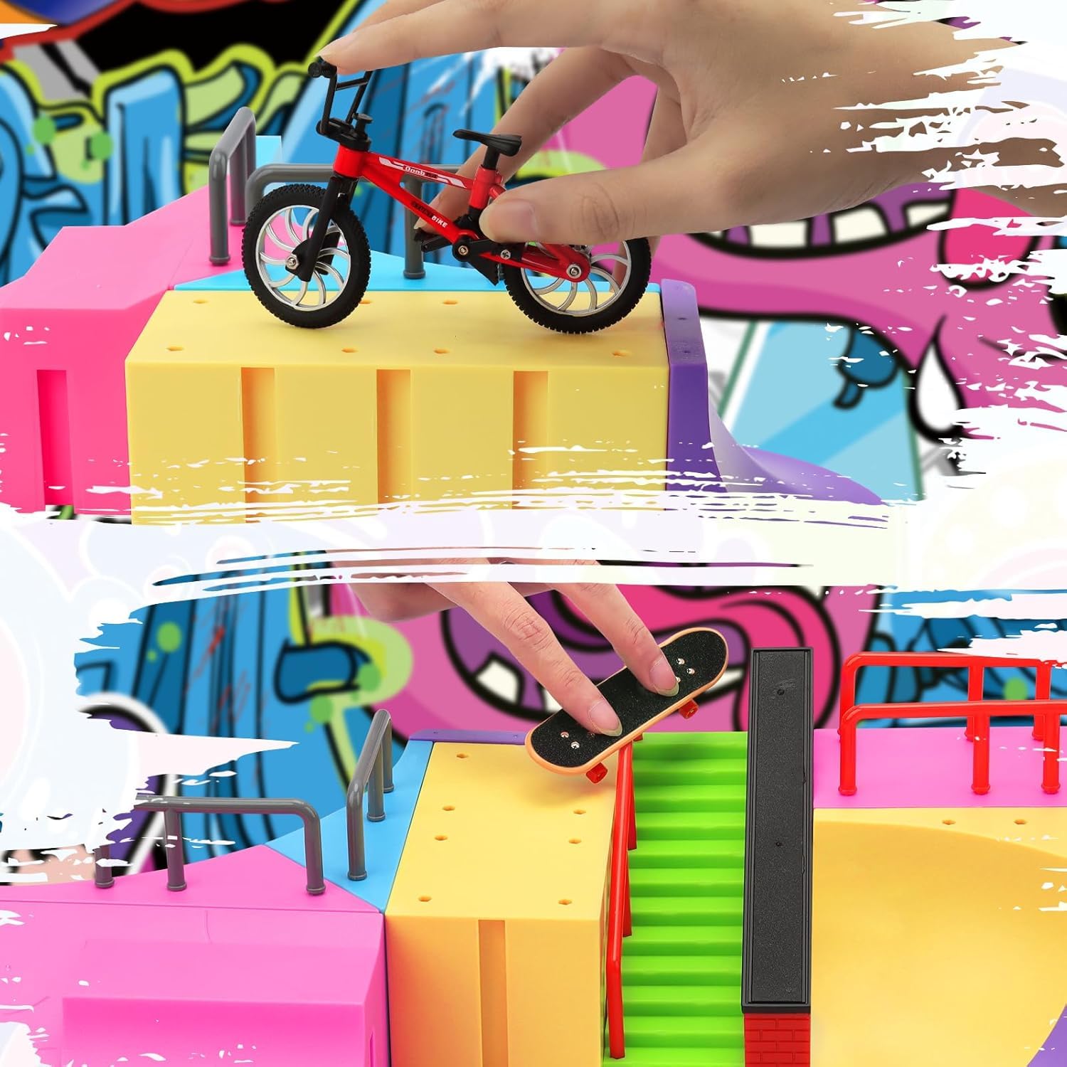 MOMSIV Finger Skateboard Park Set, 57pcs with 6 Skateboards, 31 Ramps, 1 Bicycle - Large Training Gift Toy for Ages 6+