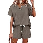 WIHOLL Two Piece Outfits for Women Lounge Sets Button Down Top and Shorts Set Sweatsuits with Pockets