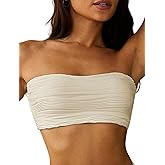 ZAFUL Women Textured Bandeau Bikini Top Lace up Strapless Swimsuit Solid Color High Cut Bathing Suits Top Only