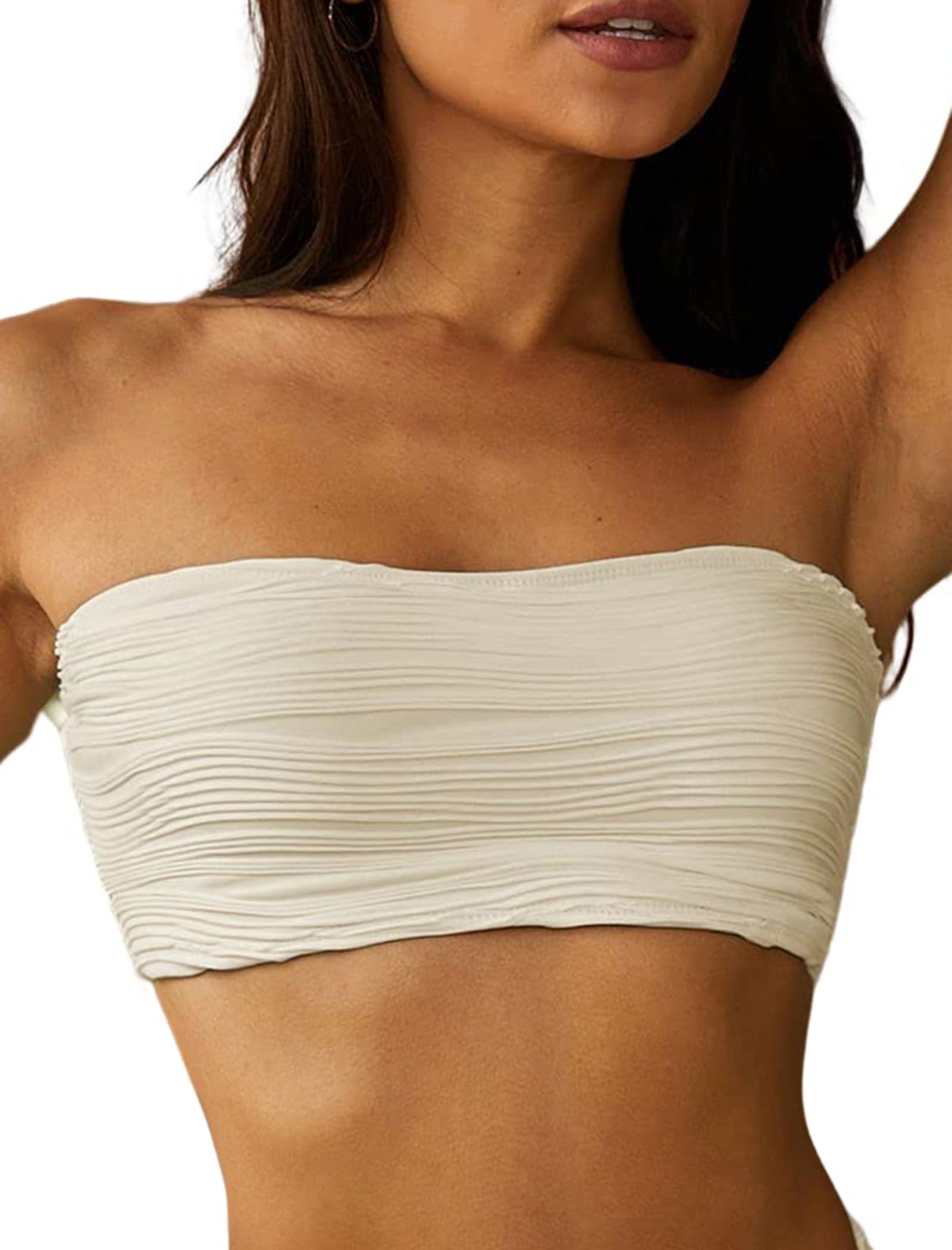 Photo 1 of **BOTTOMS ONLY** ZAFUL Women Textured Bandeau Bikini Top Lace up Strapless Swimsuit Solid Color High Cut Bathing Suits Top Only(0-Beige, S)