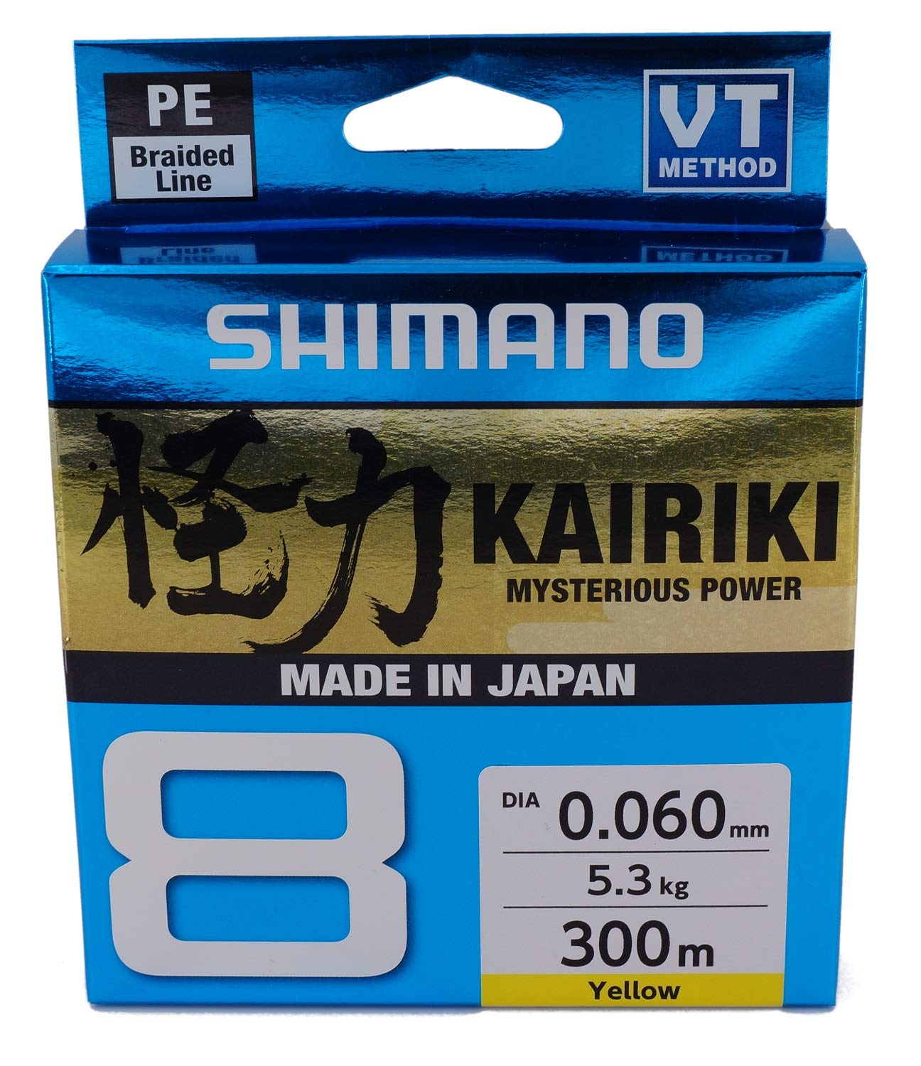 Shimano Kairiki 8, 300 metres, 0.22mm, 20.8/45.86lbs, yellow, 8 times braided fishing line, 59WPLA68R36