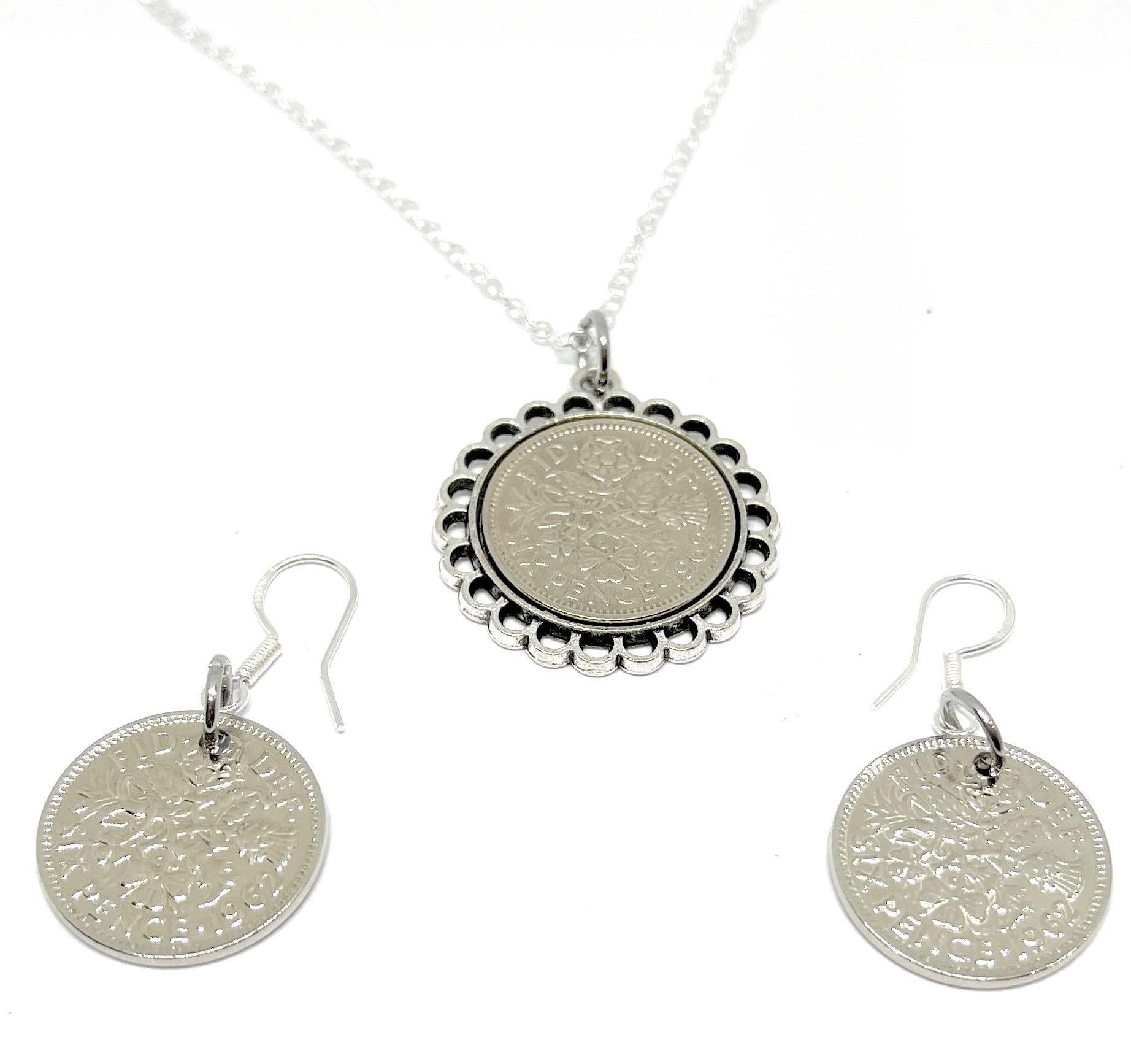 OCC Old Coin Cufflinks 1962 Original English Sixpence Fine Pendant for a 64th birthday and 1962 Earring Set for 64th Birthday