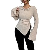 OYOANGLE Women's Ribbed Knit Going Out Y2K T Shirts Bell Sleeve Cowl Neck Fitted Tee Elegant Trendy Asymmetrical Tops