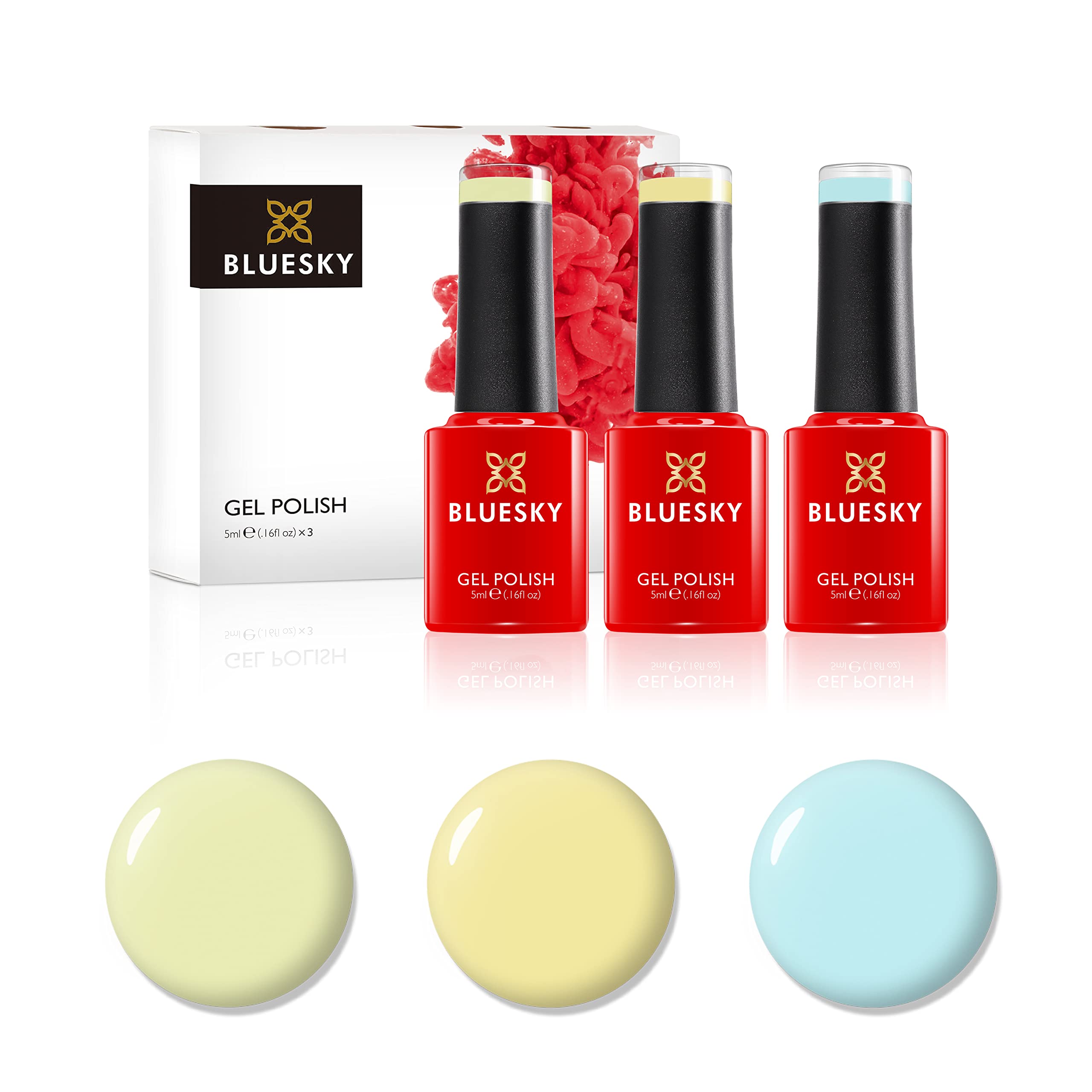 Bluesky Gel Nail Polish Set, Dance Your Way Spring 2021 Collection -Trio Set 3 - Pastels. 3 x 5ml Gel Nail Polishes. Nude, Yellow, Green, Cream, Light Blue (Requires curing under UV/LED Lamp)