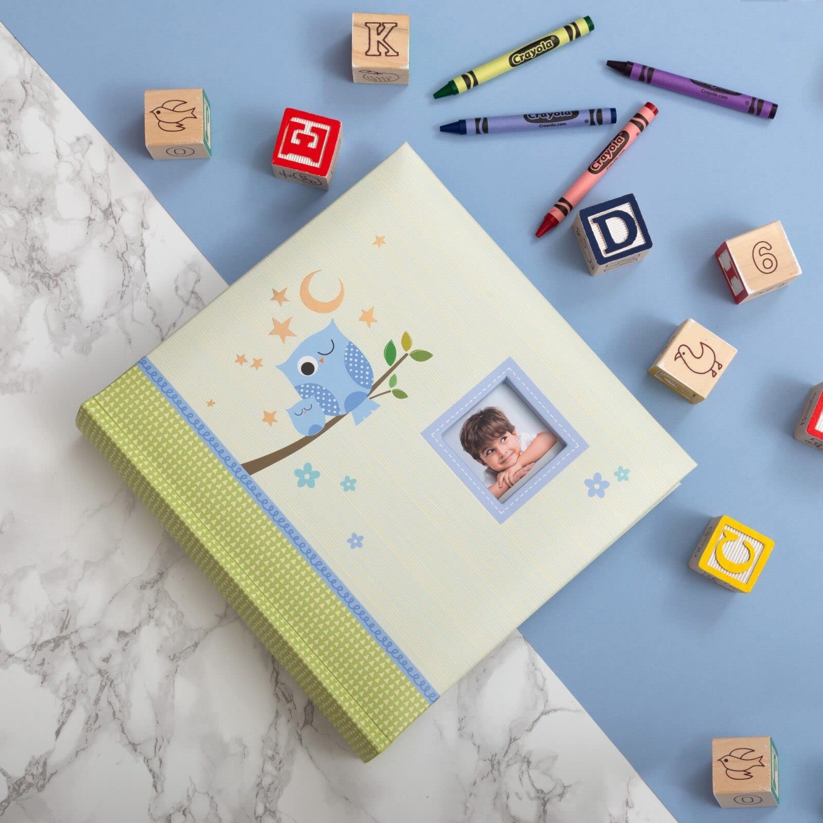 Kusso Childrens Photo Album Blue Sleepy Owl Design 200 Photos 6x4 Inch / 10x15cm Personalise with a Favourite Photo for Babies Toddlers and Kids