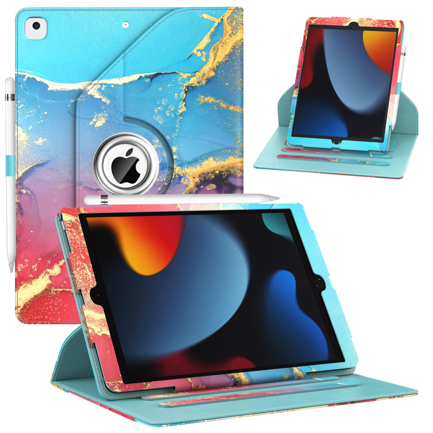 ZoneFoker Case for iPad 9th/8th/7th Generation, iPad 10.2 inch Case 2021/2020/2019, 360 Degree Rotating Stand, iPad 9 8 7 Gen 10.2 Leather Cover with Pocket Design & Pencil Holder, Marble Teal Red — image 1