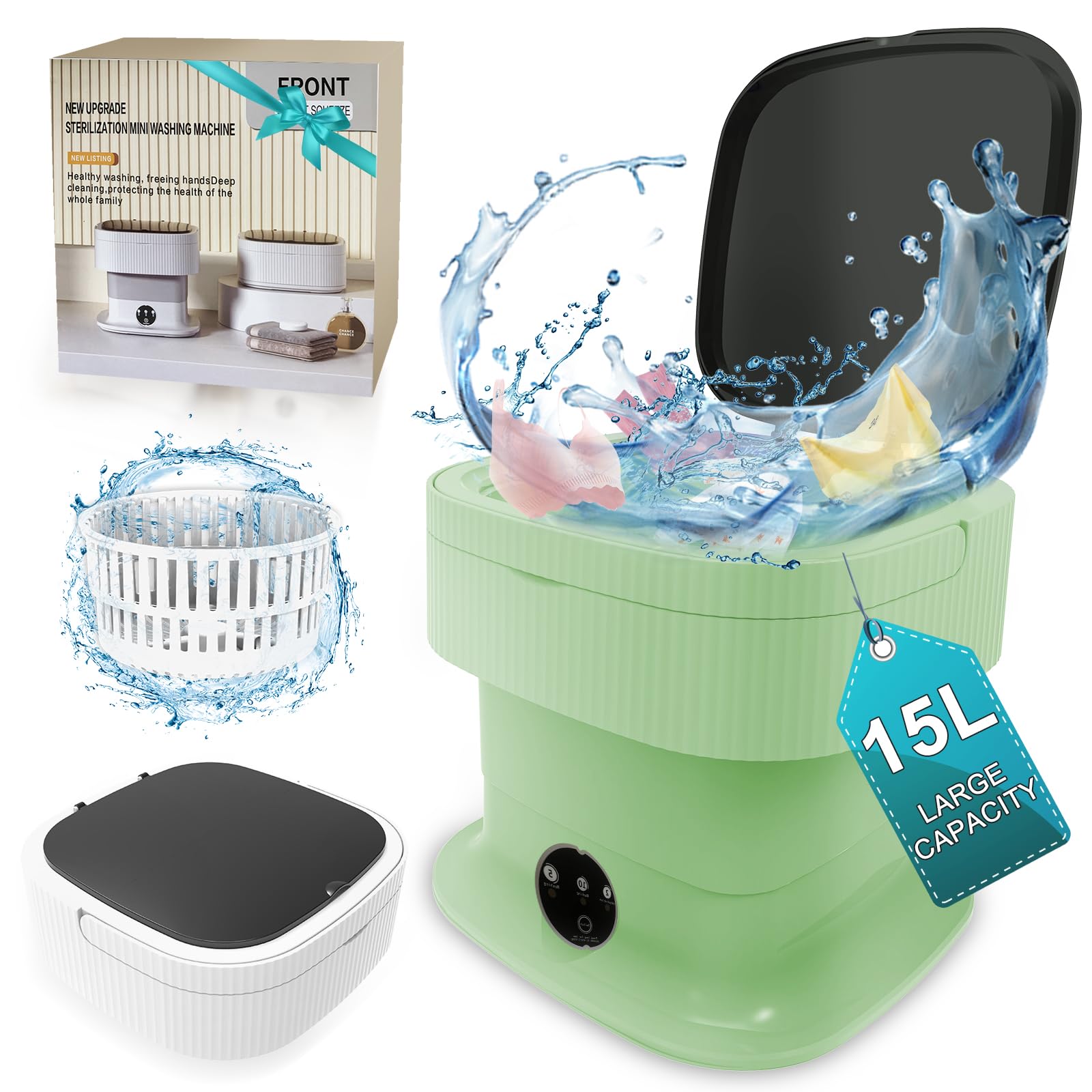 15L Portable Washing Machine, Mini Washer with Spin Dryer, Small Compact Luandry Washer, Foldable Collapsible Lavadora Portatil for Baby Clothes, Socks, Underwear, Apartments, Travel, Camping, Green