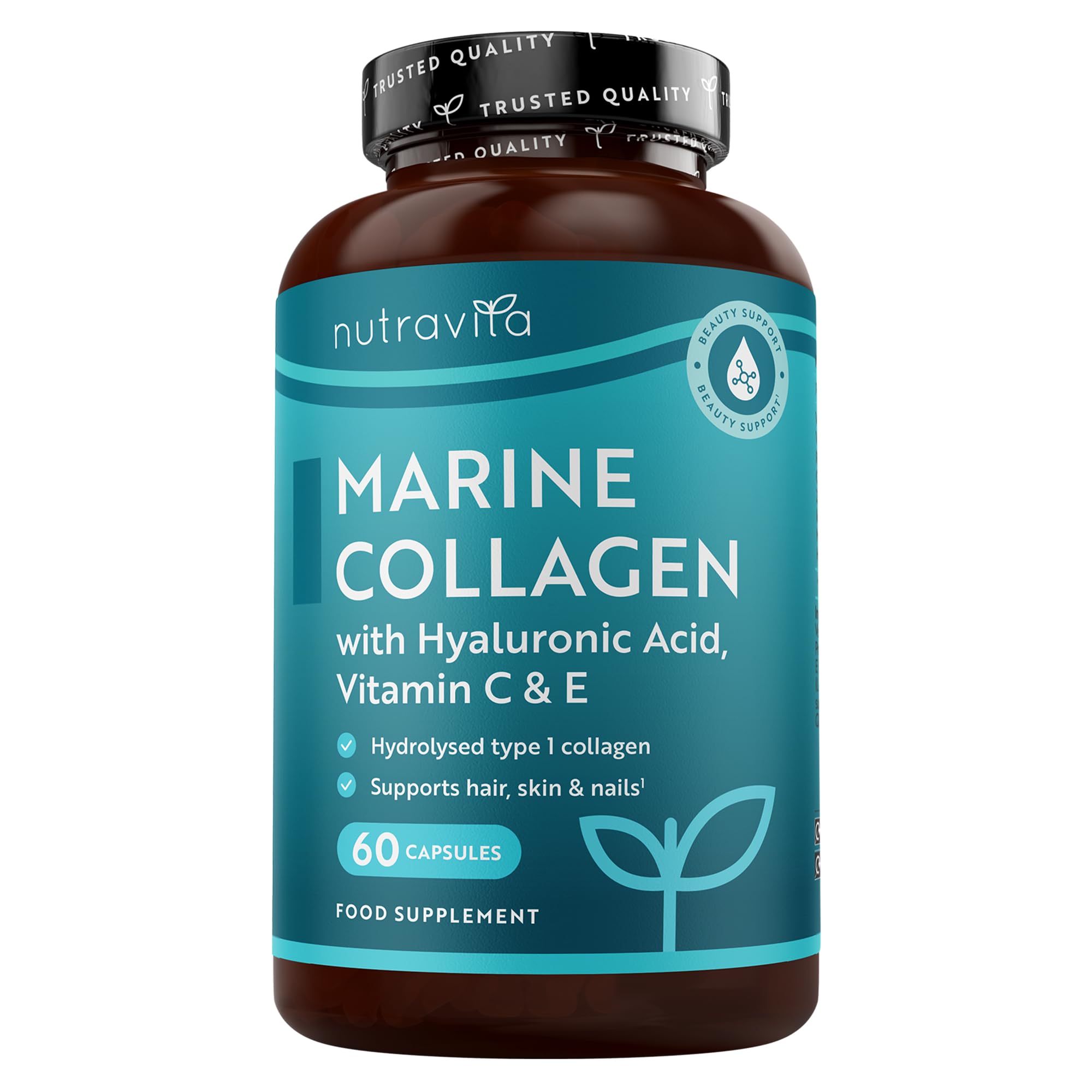 Nutravita Marine Collagen 1000mg - 60 Capsules of Superior Type 1 Hydrolysed Collagen - Enhanced with Hyaluronic Acid, Vitamin C, Vitamin E, Vitamin B2, Zinc, Copper and Iodine - Made in The UK