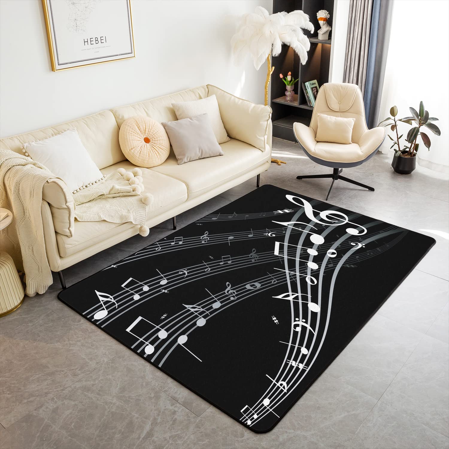 Loussiesd Musical Note Carpet Black White Music Theme Carpet Mat Decor Extra Soft Rugs for Living Room Bedroom Room Washable Area Rug 100 * 150cm