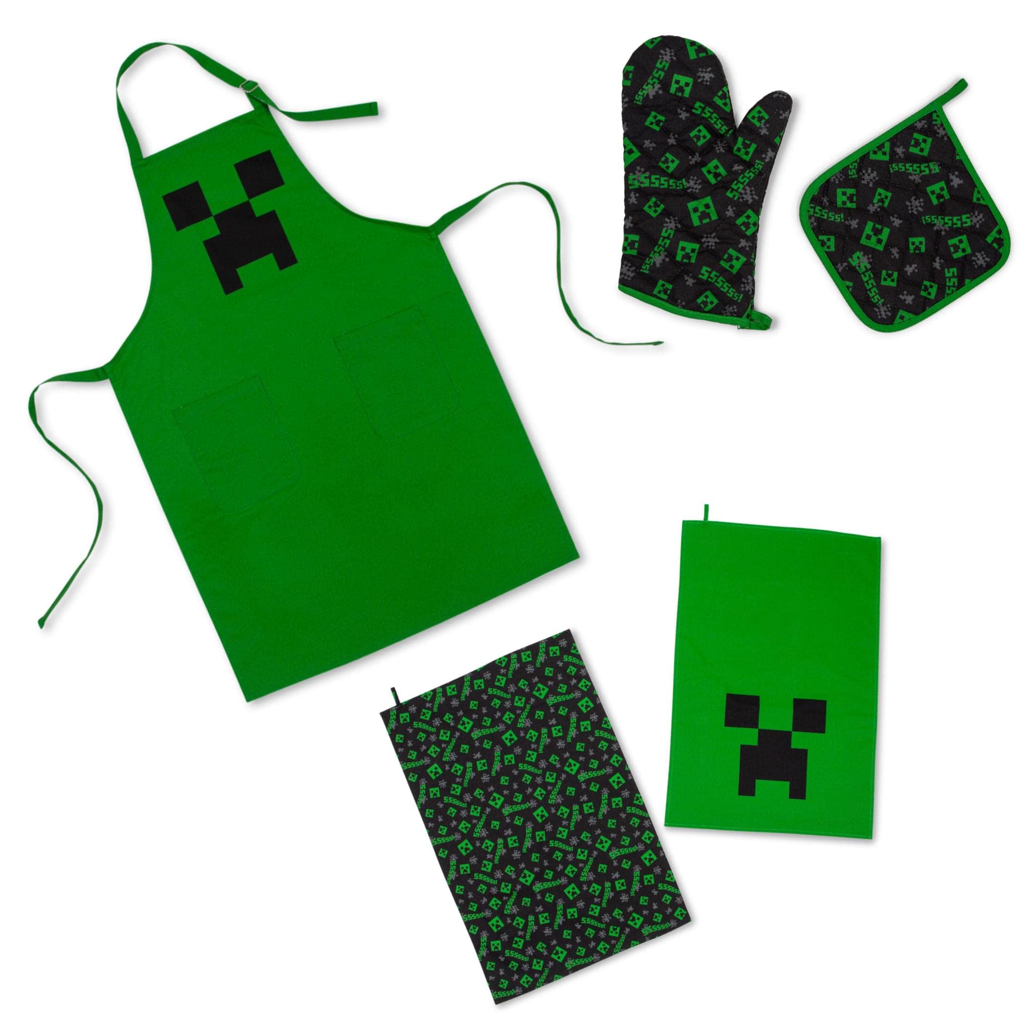 Ukonic Minecraft Green Creeper Kitchen Set | Apron, Oven Mitt, Dish Towels, Pot Holder