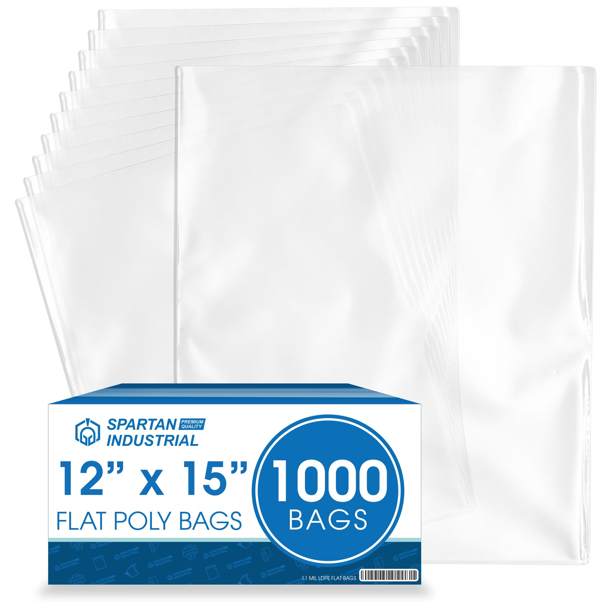 Photo 1 of 12" X 15" Open-End Flat Poly Bags (1000 Count) - 1.1 Mil Clear Plastic - No Adhesive Strip - For Packaging, Shipping, Storage - Spartan Industrial