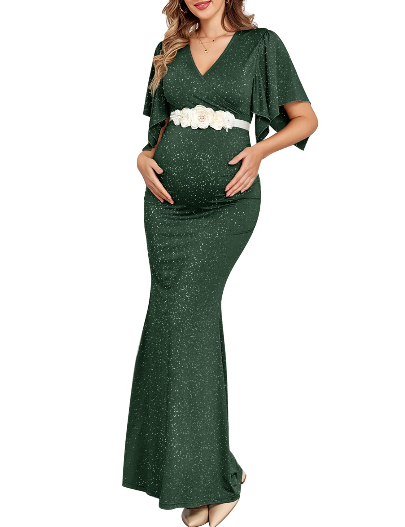 Photo 1 of AISWI Maxi Maternity Dress with Flower Sash Semi Formal Baby Shower Wedding Guest V-Neck Handkerchief Sleeves Elegant, Sparkly Dark Green, Small