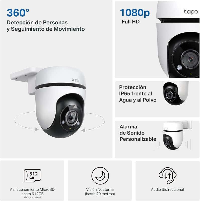 Tp-link tapo c500 - câmera de vigilância wi-fi externa 360º, resolução 1080p, detecção de movimento, visão noturna até 30m, áudio bidirecional, sirene, alexa e google compatível