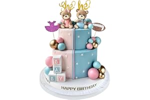 ZAFENA 34 PCS Gender Reveal Cake Topper - Bear Cake Topper Cake Balls Decorations with He or She Cake Topper for Boys and Girls Gender Reveal Baby Shower Birthday Party Supplies