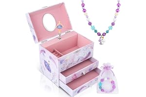 Homtibrm Musical Jewellery Box For Girls - Large Kids Jewellery Music Box with 2 Pullout Drawers & Unicorn Jewellery Set, Gre