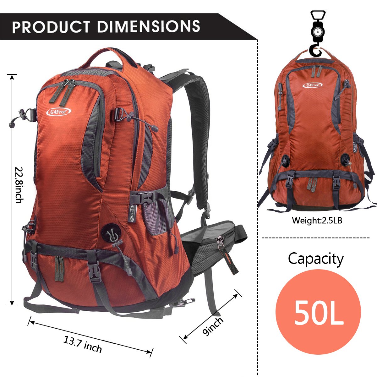 G4Free 50L Outdoor Backpack Camping Climbing Hiking Backpack for Backpacker with Rain Cover