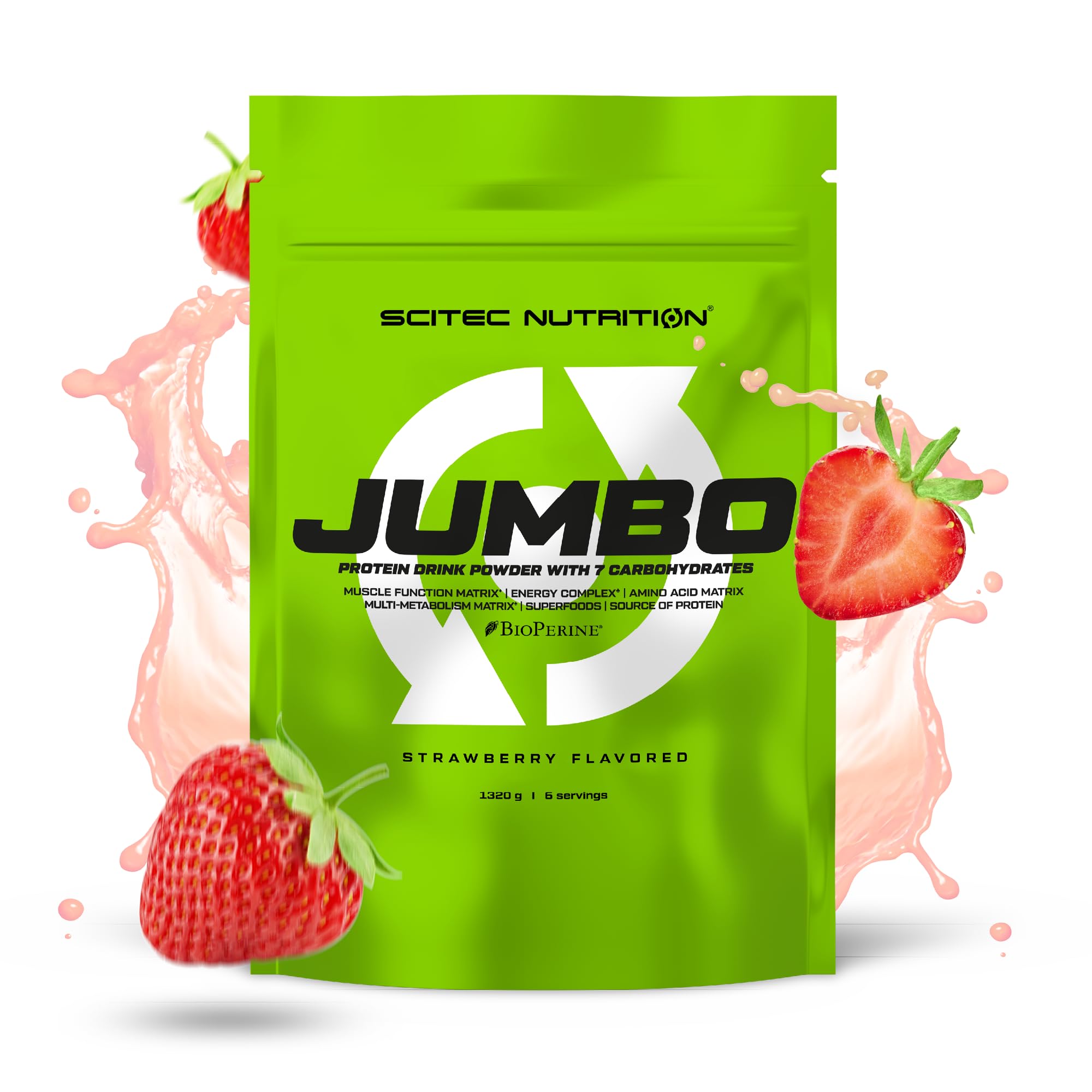 Scitec Nutrition Jumbo – High-Calorie Weight Gainer – with Multi-Component Protein – Amino Acid Matrix – Metabolic Matrix – Superfood Blend, 1,32 kg, Strawberry