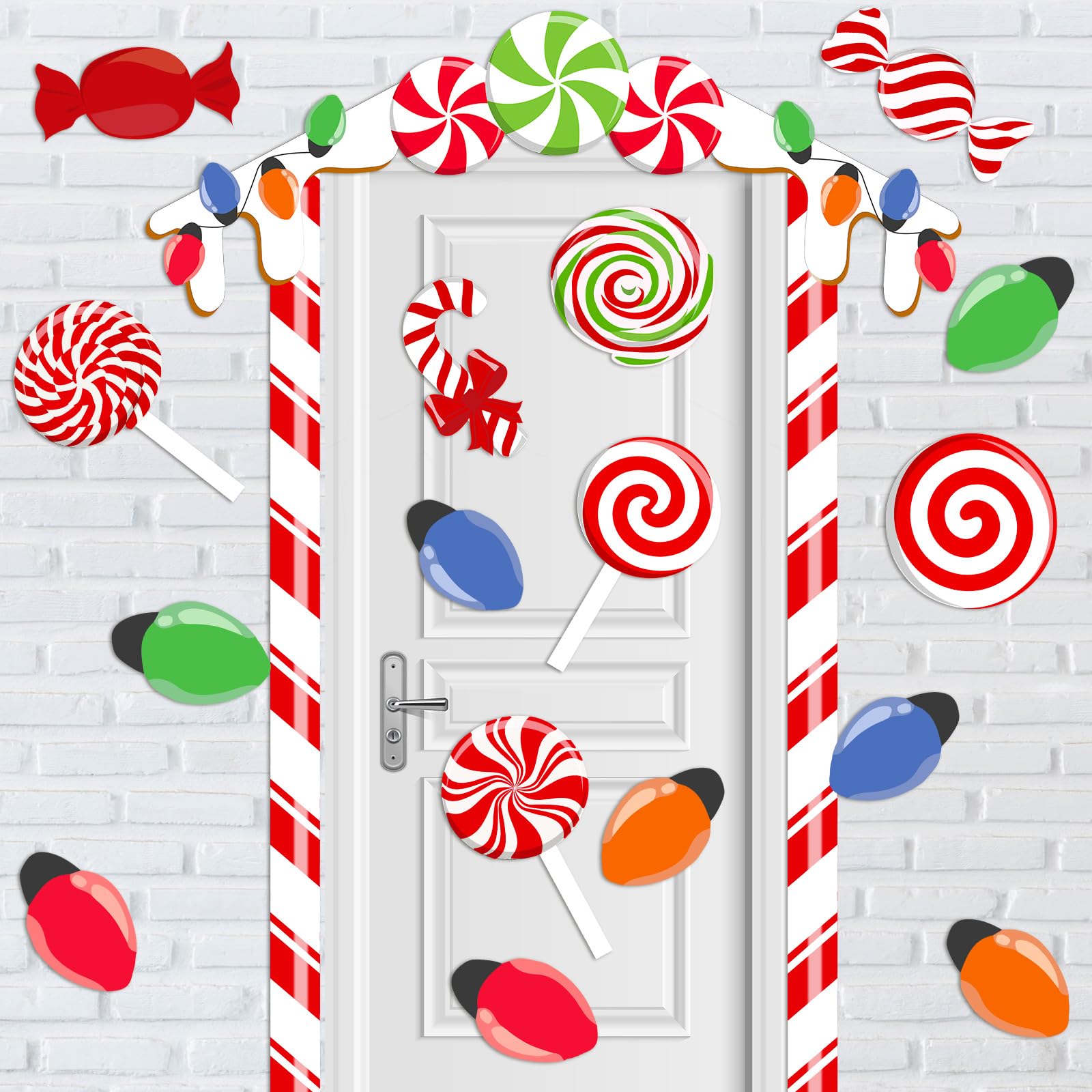 Photo 1 of 20 Pcs Christmas Candy Cane Door Decorations Large Christmas Door Decorations Red and White Candy House Cover Porch Banner Gingerbread Backdrop for Classroom Wall Window Stickers Decor