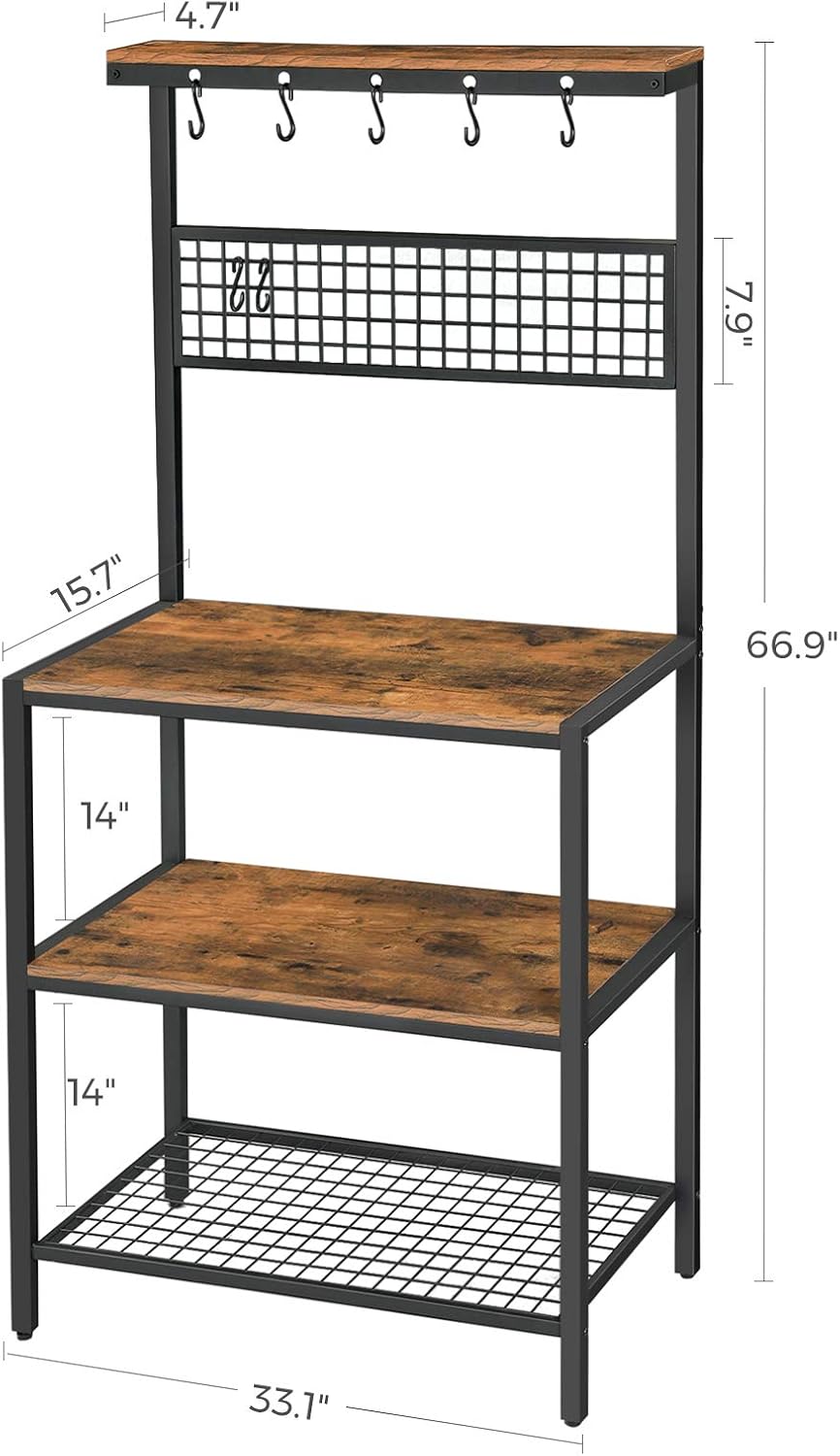 VASAGLE ALINRU Kitchen Bakers Rack Cupboard with 10 Hooks, Mesh Panel, 3 Shelves, and Adjustable Feet, for Microwave Oven Cooking Utensils, Industrial, Rustic Brown UKKS17BX - Standing Baker's Racks