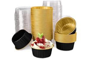 125 Pieces Aluminum Foil Baking Cups with Lids, 5OZ Disposable Ramekins Muffin Cups, Cupcake Foil Liners Tart Pie Tin Pan Hol
