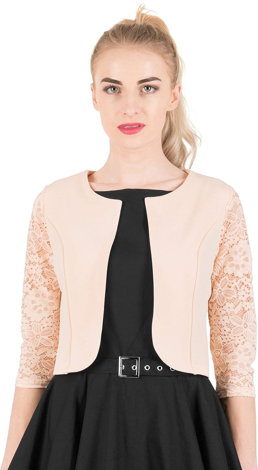 BlackButterfly Cropped 3//4 Lace Sleeve Open Bolero Evening Blouse