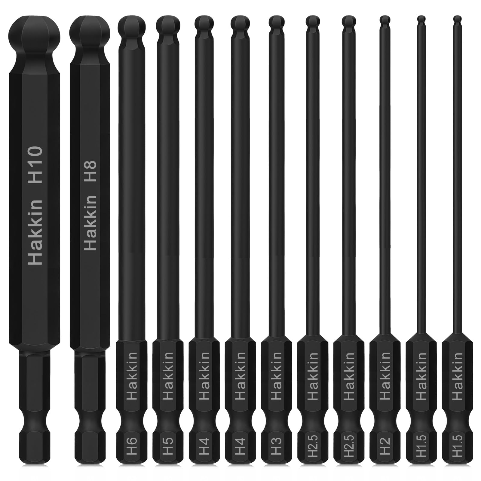 Ball End Allen Key Bit Set Hakkin 12Pcs 100mm Metric Ball End Hex Bits 1/4” Shank S2 Steel hex Head Allen Wrench Set hex Key H1.5-H10 for Furniture Assembly