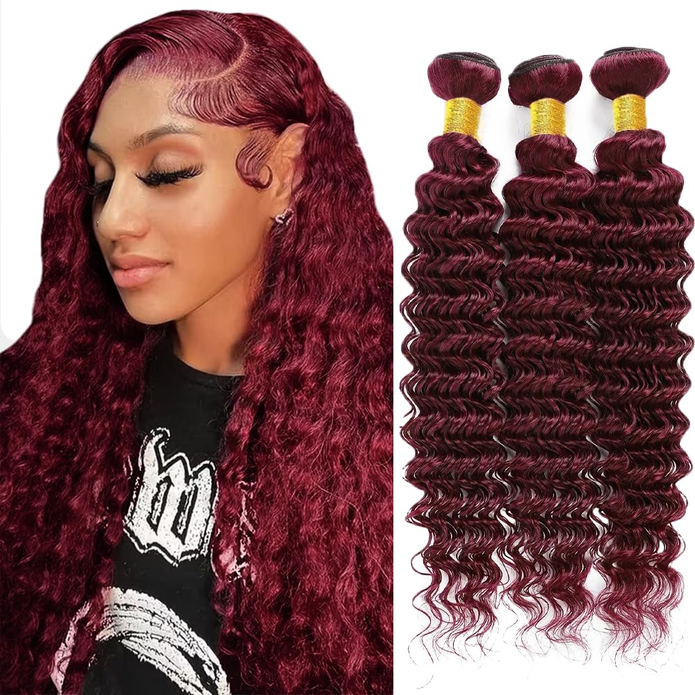 Photo 1 of #99J Wine Red Bundles Human Hair Deep Wave Bundles 24 26 28 Inch Burgundy Unprocessed Brazilian Virgin Hair 3 Bundles Deals Quick Weave Hair Extensions 50 Gram Per Bundle
