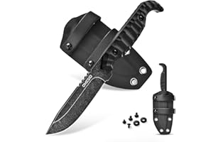 Omesio Fixed Blade Knife with Kydex Sheath,7.6" EDC Small Fixed Blade Knife, Full Tang D2 Stonewashed Black Blade G10 Handle for Outdoor Camping, Versatile for Horizontal and Vertical Carry